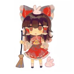 Rule 34 | 1girl, ascot, black footwear, bow, broom, brown eyes, brown hair, chibi, collared shirt, detached sleeves, frilled bow, frilled hair tubes, frilled skirt, frills, hair bow, hair tubes, hakurei reimu, hand on own hip, holding, holding broom, long hair, mary janes, medium skirt, nontraditional miko, parted lips, rabbit, red bow, red shirt, red skirt, ribbon-trimmed skirt, ribbon-trimmed sleeves, ribbon trim, shirt, shoes, simple background, skirt, socks, solo, touhou, v-shaped eyebrows, white background, white sleeves, white socks, yellow ascot, youshouhaoxianzhe