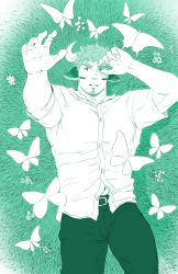 Rule 34 | 1boy, alternate costume, animal ears, bara, belt, bug, butterfly, casual, cowboy shot, facial hair, fiery horns, forked eyebrows, glowing horns, grass, green theme, horns, insect, looking at viewer, lying, male focus, monochrome, navel, on back, on grass, open clothes, open mouth, pants, partially unbuttoned, pectoral cleavage, pectorals, simple background, solo, thick eyebrows, tokyo houkago summoners, unplugged line, wakan tanka, white butterfly