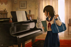 Rule 34 | 1girl, bag, bench, birdcage, blue sailor collar, blue skirt, bookshelf, brown eyes, brown hair, cage, curtains, day, drawing (object), hand up, highres, holding, holding bag, holding paper, indoors, instrument, long skirt, long sleeves, looking to the side, messy hair, metronome, neckerchief, original, paper, piano, plant, pleated skirt, profile, red neckerchief, rug, sailor collar, school bag, school uniform, serafuku, sheet music, shirt, sho (sho lwlw), signature, skirt, solo, standing, sunlight, white shirt, window, wooden floor