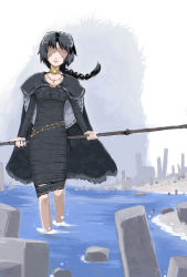 Rule 34 | 1girl, black hair, cape, choker, demon&#039;s souls, dress, female focus, from software, jewelry, long hair, maiden in black, necklace, outdoors, ponytail, simuro, sky, solo, staff, water