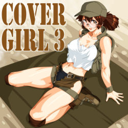 Rule 34 | 1girl, arm support, baseball cap, belt, belt buckle, black panties, boots, breasts, brown eyes, brown footwear, brown hair, brown legwear, buckle, collarbone, commentary request, covered erect nipples, english text, fio germi, glasses, hat, knee pads, large breasts, leaning back, long hair, looking at viewer, metal slug, midriff, military, navel, open clothes, open shorts, open vest, panties, ponytail, presenting, qkat (arikawa-dou), round eyewear, seiza, shirt, short shorts, shorts, simple background, sitting, smile, snk, solo, tank top, thighs, underwear, uniform, unzipped, vest, weapon, white shirt, wristband, zipper