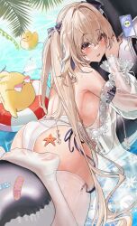 Rule 34 | 1girl, absurdres, anchorage (azur lane), anchorage (dolphins and swim lessons) (azur lane), ass, azur lane, bikini, from behind, hair ribbon, heart, heart-shaped eyewear, highres, inflatable orca, inflatable toy, jacket, light brown hair, long hair, looking at viewer, manjuu (azur lane), no shoes, official alternate costume, pannko6216, ribbon, see-through, see-through jacket, see-through sleeves, smile, starfish, swimsuit, thighhighs, twintails, wet thighhighs, white bikini, white thighhighs
