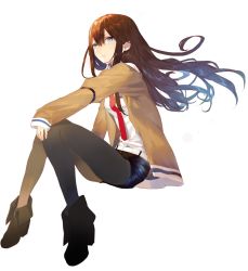 Rule 34 | 1girl, ankle boots, bad id, bad pixiv id, black pantyhose, blue eyes, boots, from below, full body, hand on own knee, high heel boots, high heels, jacket, kitada mo, knees together feet apart, long hair, looking at viewer, makise kurisu, necktie, pantyhose, pantyhose under shorts, red hair, red necktie, short shorts, shorts, simple background, sitting, smile, solo, steins;gate, white background, wind