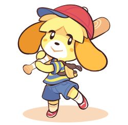 Rule 34 | 1girl, animal crossing, animal ears, backpack, bag, baseball bat, baseball cap, blonde hair, blue shorts, commentary, cosplay, dog ears, dog girl, english commentary, furry, furry female, hat, highres, holding, holding baseball bat, isabelle (animal crossing), looking at viewer, mother (game), mother 2, ness (mother 2), ness (mother 2) (cosplay), nintendo, red hat, shirt, short sleeves, shorts, simple background, solo, starbirbz, striped clothes, striped shirt, super smash bros., white background