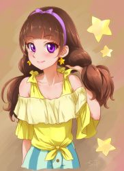 Rule 34 | 1girl, amanogawa kirara, brown hair, chocokin, earrings, go! princess precure, hairband, jewelry, long hair, looking at viewer, precure, purple eyes, shorts, smile, solo, star (symbol), star earrings, striped clothes, striped shorts, twintails