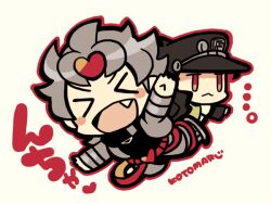 Rule 34 | &gt; &lt;, 2boys, :&lt;, black headwear, black shirt, blush stickers, chibi, chibi only, dio brando, fang, full body, grey hair, grey jacket, hat, jacket, jojo no kimyou na bouken, kotorai, kuujou joutarou, male focus, multiple boys, no nose, open mouth, orange eyes, outline, outstretched arms, red outline, shirt, short hair, signature, spread arms, translation request, white background
