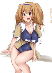 Rule 34 | 1girl, absurdres, brown eyes, brown jacket, cowboy shot, hairband, highres, i-26 (kancolle), jacket, kantai collection, light brown hair, long hair, looking at viewer, name tag, new school swimsuit, one-hour drawing challenge, sailor collar, sakura ab, school swimsuit, short sleeves, simple background, solo, swimsuit, swimsuit under clothes, two-tone hairband, two side up, white background, white sailor collar