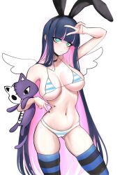 Rule 34 | 1girl, angel wings, animal ears, aqua eyes, arm up, bikini, black choker, black hairband, black nails, blue hair, breasts, choker, closed mouth, colored inner hair, double v, fake animal ears, hairband, highres, holding, holding stuffed toy, large breasts, long hair, miaru, multicolored hair, navel, panty &amp; stocking with garterbelt, pink hair, rabbit ears, solo, stocking (psg), stomach, striped bikini, striped clothes, striped thighhighs, stuffed animal, stuffed cat, stuffed toy, swimsuit, thighhighs, thighs, v, very long hair, white background, wings