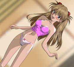 Rule 34 | 00s, 1girl, blonde hair, blue eyes, blush, bow, bow panties, breasts, brown hair, cameltoe, camisole, cleft of venus, covered erect nipples, evangelion: 2.0 you can (not) advance, gentoku, highres, long hair, long legs, navel, neon genesis evangelion, no pants, panties, rebuild of evangelion, small breasts, solo, souryuu asuka langley, striped clothes, striped panties, underwear