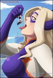 Rule 34 | 10s, 2girls, blonde hair, blush, bodysuit, boku no hero academia, breasts, giant, giantess, horns, jora-bora, large breasts, long hair, mask, midnight (boku no hero academia), mount lady, multiple girls, open mouth, patreon username, saliva, skin tight, tongue, tongue out, vore