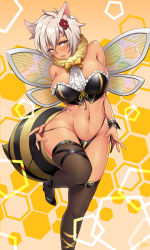 Rule 34 | 1girl, absurdres, arms at sides, bare shoulders, bee costume, black footwear, black panties, black thighhighs, blush, bow, bra, breasts, cat girl, center frills, cleavage, commentary, commission, dark-skinned female, dark skin, final fantasy, final fantasy vii, flower, frilled bra, frills, fur collar, groin, hair flower, hair ornament, hexagon, highleg, highleg panties, highres, honeycomb (pattern), honeycomb background, large breasts, leg up, looking at viewer, nanaayami, navel, original, panties, red flower, shoes, short hair, skindentation, solo, standing, standing on one leg, stomach, thighhighs, underwear, wide hips, wings, yellow bow