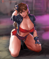 Rule 34 | 1girl, abs, streets of rage, streets of rage 4, black jacket, blaze fielding, bra, breasts, brown eyes, brown hair, cleavage, commentary, earrings, english commentary, fingerless gloves, full body, gloves, gold earrings, hand in own hair, hoop earrings, jacket, jewelry, kneeling, large breasts, leather, leather jacket, lips, long hair, midriff, miniskirt, navel, nose, open clothes, open jacket, red bra, red skirt, rejean dubois, sega, skirt, sleeves pushed up, solo, strapless, strapless bra, thick thighs, thighs, underwear