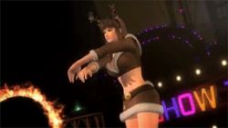 Rule 34 | 2girls, 3d, alternate costume, animated, animated gif, breast envy, breasts, brown hair, christmas, cleavage, dead or alive, dead or alive 5, hitomi (doa), large breasts, leaning forward, lowres, marie rose, multiple girls, official art, ribbon, small breasts, tecmo, twintails