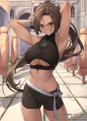Rule 34 | 1girl, :d, absurdres, armpits, arms behind head, arms up, artist name, bandages, bandaged arm, bandages, black shorts, breasts, brown eyes, brown hair, building, clothing cutout, commentary request, contrapposto, copyright request, cowboy shot, crop top, dark skin, dark-skinned female, day, forehead, grin, hair ribbon, highres, jewelry, korean commentary, korean text, large breasts, long hair, looking at viewer, mole, mole on breast, navel, necklace, official art, open mouth, outdoors, ponytail, ribbon, scar, serious, short shorts, shorts, sleeveless, smile, solo, star741, stomach, teeth, toned, translation request, underboob, underboob cutout, very long hair, white ribbon