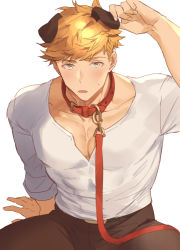 Rule 34 | 1boy, animal collar, animal ears, bara, blonde hair, blush, brown pants, collar, collarbone, covered abs, granblue fantasy, green eyes, hand up, higashigunkan, large pectorals, long sleeves, looking at viewer, male focus, manly, muscular, open clothes, open mouth, pants, pectoral cleavage, pectorals, pet play, shirt, solo, toned, toned male, upper body, v-neck, vane (granblue fantasy), white background, white shirt