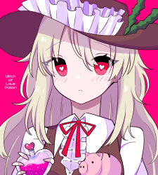 Rule 34 | 1girl, blonde hair, blush, bottle, brown headwear, brown vest, center frills, closed mouth, collared shirt, dolls in pseudo paradise, eyes visible through hair, flask, frilled hat, frills, hat, hat feather, heart, heart-shaped pupils, holding, jacket girl (dipp), kumeri0804, long hair, long sleeves, love potion, neck ribbon, piggy bank, pink background, pink eyes, potion, red ribbon, ribbon, shirt, simple background, symbol-shaped pupils, touhou, very long hair, vest, white shirt