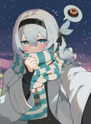 Rule 34 | 1girl, black hairband, black ribbon, black sweater, blue bow, blue eyes, blue pupils, blue scarf, blush, bow, covered mouth, crossed bangs, evening, firefly (honkai: star rail), gaoya pi qiang tu tu, grey hair, hair between eyes, hair bow, hair intakes, hair ribbon, hairband, highres, honkai: star rail, honkai (series), jacket, long hair, long sleeves, looking at viewer, night, night sky, notice lines, one side up, open clothes, open jacket, outdoors, pink eyes, ribbon, scarf, sidelocks, sky, sleeve cuffs, snowing, solo, spoken food, striped clothes, striped scarf, sweater, two-tone eyes, upper body, white jacket, white scarf