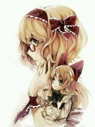 Rule 34 | 1girl, alice margatroid, bad id, bad twitter id, bespectacled, blonde hair, blue eyes, bow, capelet, doll, glasses, hair ornament, hair ribbon, hairband, lolita hairband, long hair, long sleeves, looking at viewer, no-kan, portrait, profile, red-framed eyewear, ribbon, shanghai doll, short hair, simple background, solo, touhou, white background, wrist cuffs