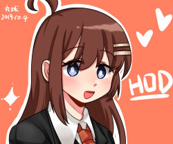 Rule 34 | 1girl, ahoge, black jacket, blue eyes, bright pupils, brown hair, character name, chinese commentary, collared shirt, commentary request, hair ornament, hairclip, heart, hod (project moon), jacket, lobotomy corporation, maru (wanqiu), necktie, open mouth, orange background, orange necktie, outline, portrait, project moon, shirt, simple background, smile, solo, translation request, white outline, white pupils, white shirt