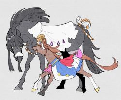Rule 34 | 2girls, adapted costume, aged down, animal focus, animalization, ascot, black hair, brown hair, capelet, grey background, height difference, horse, medium request, multicolored hair, multiple girls, narita brian (umamusume), red capelet, solid oval eyes, streaked hair, takatsuki nato, tokai teio (umamusume), two-tone hair, umamusume, white hair, yellow eyes