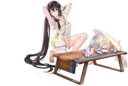 Rule 34 | 1girl, arms up, azur lane, black hair, criin (659503), hair between eyes, highres, horns, kneeling, long hair, looking at viewer, mikasa (azur lane), mikasa (reverence for rest and relaxation) (azur lane), official alternate costume, official art, one eye closed, parted lips, solo, transparent background, umbrella, very long hair, yellow eyes