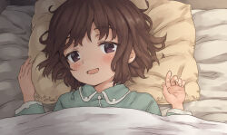 Rule 34 | 1girl, blush, broiler, brown eyes, brown hair, highres, looking at viewer, lying, on back, on bed, open mouth, original, pajamas, pillow, short hair, smile, solo, under covers, upper body, wavy hair