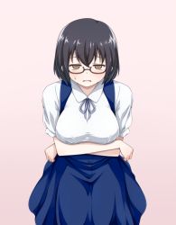 Rule 34 | 10s, 1girl, arm under breasts, asobi asobase, black hair, blue skirt, breast hold, breasts, brown eyes, glasses, high-waist skirt, large breasts, leaning forward, looking at viewer, nomura kasumi, open mouth, puffy short sleeves, puffy sleeves, shirt, short hair, short sleeves, skirt, solo, suspender skirt, suspenders, sweatdrop, wavy mouth, white shirt, yyi