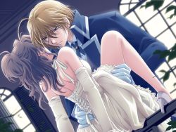Rule 34 | 10s, 1boy, 1girl, back, balcony, bare shoulders, blonde hair, brown hair, butlers, character request, clothed sex, couple, dress, game cg, halterneck, halterneck, hetero, heterochromia, high heels, night, outdoors, sex, shoes, source request, white dress