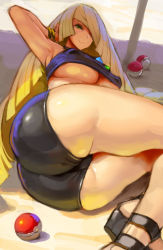 Rule 34 | 1girl, arm behind head, armpits, ass, bandeau, bangle, beach umbrella, bike shorts, black bandeau, black footwear, black shorts, blonde hair, bracelet, breasts, closed mouth, covered erect nipples, creatures (company), from side, game freak, green eyes, hair over one eye, hand in own hair, jewelry, kazo (kazozakazo), large breasts, legs together, long hair, looking at viewer, lusamine (pokemon), lying, nintendo, on side, platform footwear, poke ball, poke ball (basic), pokemon, pokemon (anime), pokemon sm049, pokemon sm (anime), sand, shade, shorts, smile, solo, thighs, umbrella, under umbrella, underboob