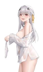 Rule 34 | 1girl, absurdres, bandaged head, bandages, bare shoulders, blush, breasts, crying, dress shirt, from side, goddess of victory: nikke, grey hair, hair ornament, hair ribbon, highres, holding, holding clothes, holding panties, holding underwear, kurone rinka, large breasts, long hair, long sleeves, looking at viewer, modernia (first affection) (nikke), modernia (nikke), naked shirt, off shoulder, open mouth, panties, red eyes, ribbon, shirt, sideboob, solo, tears, teeth, thighs, underwear, unworn panties, white background, white panties, white shirt, yellow ribbon