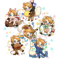 Rule 34 | 1boy, :3, ?, age regression, aged down, america (hetalia), american flag, animal costume, artist name, axis powers hetalia, ball, blonde hair, blue eyes, bone, bow, bow choker, can, cat boy, chibi, eating, food, glasses, heart, holding, holding ball, kemonomimi mode, lion boy, lion costume, male focus, meat, mini flag, multiple persona, official alternate costume, paw pose, red bow, spoken question mark, star (symbol), stocks, to@st, tuna, yarn, yarn ball