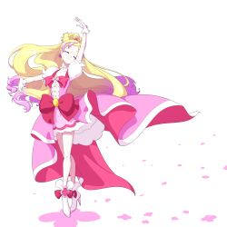 Rule 34 | 1girl, absurdres, blonde hair, boots, bow, closed eyes, commentary request, cure flora, dancing, dress, earrings, gloves, go! princess precure, gradient hair, hair ornament, haruno haruka, high heel boots, high heels, highres, jewelry, long hair, magical girl, matatabi (karukan222), multicolored hair, pink dress, pink hair, precure, puffy short sleeves, puffy sleeves, short sleeves, simple background, solo, streaked hair, two-tone hair, white background