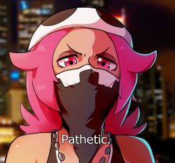 Rule 34 | 1girl, bandana, bandana over mouth, commentary, creatures (company), english commentary, english text, face, fatmanass, furrowed brow, game freak, looking at viewer, meme, nintendo, pink eyes, pink hair, pokemon, pokemon sm, skull-shaped hat, skull hat, solo, team skull grunt, team skull uniform, uniform