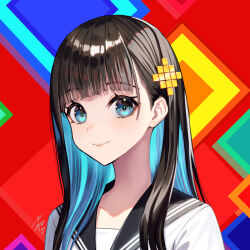 Rule 34 | 1girl, aqua hair, black hair, blue eyes, blunt bangs, blush, closed mouth, collarbone, collared shirt, colored inner hair, commentary, eyelashes, hair behind ear, hair ornament, hair over shoulder, highres, lips, long hair, looking at viewer, mizo-chan (yamahara), multicolored background, multicolored hair, original, patterned background, portrait, school uniform, shadow, shirt, signature, single sidelock, smile, solo, white shirt, yamahara