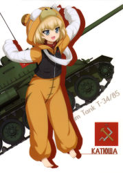 Rule 34 | 10s, 1girl, :d, absurdres, animal costume, animal hood, bandages, barefoot, black jacket, blonde hair, blue eyes, character name, fang, full body, girls und panzer, hair between eyes, highres, hood, jacket, katyusha (girls und panzer), military, military vehicle, motor vehicle, open mouth, outstretched arms, simple background, smile, solo, standing, t-34, t-34-85, tank, white background