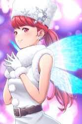 Rule 34 | 1girl, ajirogasa, belt, belt buckle, blush, brown belt, buckle, christmas, commentary, dress, earrings, fairy wings, fur-trimmed gloves, fur-trimmed headwear, fur collar, fur trim, gloves, hat, highres, jewelry, lips, long hair, looking at viewer, masatoshi 1219, official alternate costume, own hands together, persona, persona 5, persona 5 the royal, pink lips, ponytail, red eyes, red hair, sleeveless, sleeveless dress, smile, solo, white dress, white gloves, white hat, wings, yoshizawa kasumi