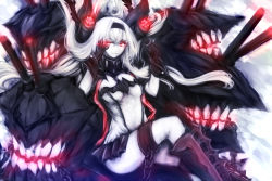 Rule 34 | 10s, 1girl, abyssal ship, acryl, air defense princess, black gloves, black panties, breasts, cleavage, colored skin, gloves, headband, headgear, kantai collection, large breasts, long hair, looking at viewer, machinery, panties, red eyes, sitting, smile, solo, turret, underwear, white hair, white skin