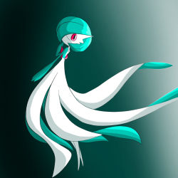 Rule 34 | 1girl, aqua background, aqua hair, aqua skin, arm at side, bob cut, closed mouth, colored skin, creatures (company), expressionless, female focus, flat chest, from side, full body, game freak, gardevoir, gen 3 pokemon, gradient background, hand up, highres, looking back, multicolored skin, nintendo, pokemon, pokemon (creature), rve, short hair, sideways mouth, simple background, solo, standing, two-tone skin, white skin