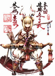 Rule 34 | 1girl, :&lt;, absurdres, armor, armored boots, armored dress, arrow (projectile), artist logo, bell, blonde hair, bloomers, blunt bangs, boots, bow (weapon), character name, commentary request, double bun, full body, hair bun, hair ribbon, haniwa (statue), highres, holding, holding sword, holding weapon, jingle bell, joutouguu mayumi, link163353, looking at viewer, medium hair, puffy short sleeves, puffy sleeves, quiver, ribbon, shirt, short sleeves, solo, sword, tassel, touhou, traditional media, translation request, underwear, vambraces, weapon, white background, white ribbon, white shirt, yellow eyes