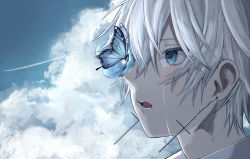 Rule 34 | 1boy, backlighting, bad id, bad pixiv id, blue butterfly, blue eyes, blue flower, blue sky, bug, butterfly, cloud, cloudy sky, commentary, cross, cross earrings, crying, crying with eyes open, day, earrings, eyebrows hidden by hair, flower, from side, hair between eyes, highres, insect, jewelry, looking at animal, male focus, nemophila (flower), open mouth, original, ozx x0, portrait, short hair, sky, solo, tears, teeth, tongue, white hair