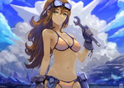 Rule 34 | 1girl, absurdres, adjustable wrench, bikini, breasts, brown eyes, brown hair, cloud, commentary, gloves, goggles, goggles on head, highres, long hair, looking at viewer, medium breasts, navel, okuto, original, outdoors, smile, solo, swimsuit, wrench
