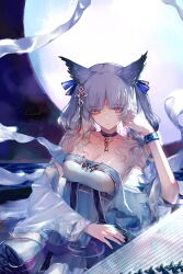 Rule 34 | 1girl, arknights, bare shoulders, black choker, breasts, choker, cleavage, closed mouth, dress, facial mark, forehead mark, full moon, grey hair, guzheng, hair ornament, hand up, highres, infection monitor (arknights), long hair, moon, official alternate costume, orange eyes, owl ears, owl girl, ptilopsis (amongst the clouds) (arknights), ptilopsis (arknights), shawl, sidelocks, solo, tassel, tassel hair ornament, upper body, white dress, white hair, yu fish, zither