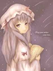 Rule 34 | 1girl, amano jack, bad id, bad pixiv id, book, bow, crescent, english text, female focus, hat, highres, long hair, night, night sky, open book, outdoors, patchouli knowledge, purple eyes, purple hair, shooting star, sky, smile, solo, star (sky), starry sky, touhou