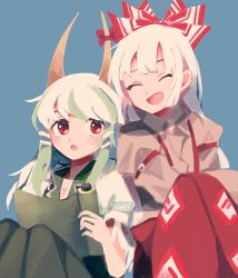 Rule 34 | 2girls, :d, blue background, bow, closed mouth, commentary request, dress, ex-keine, fujiwara no mokou, green dress, green hair, hair bow, horn bow, horn ornament, horns, itomugi-kun, kamishirasawa keine, long hair, long sleeves, multiple girls, ofuda, ofuda on clothes, open mouth, pants, puffy short sleeves, puffy sleeves, red bow, red pants, shirt, short sleeves, simple background, sitting, smile, suspenders, touhou, white hair, white shirt