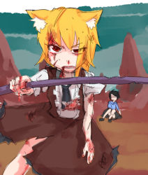 Rule 34 | 2girls, animal ears, asymmetrical hair, black footwear, black hair, black neckwear, black skirt, blonde hair, blood, blue shirt, brown skirt, brown vest, collared shirt, commentary request, cookie (touhou), cowboy shot, eyes visible through hair, fox ears, fox girl, fox tail, glasses, highres, holding, holding pole, looking at viewer, medium hair, miramikaru riran, multiple girls, necktie, open mouth, pole, red-framed eyewear, red eyes, riina (cookie), shirt, shoes, short sleeves, sidelocks, sketch, skirt, tail, torn clothes, vest, white shirt, yan pai