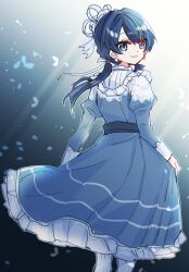 Rule 34 | 1girl, absurdres, arms at sides, blue dress, blue eyes, blue hair, dress, feathers, feet out of frame, frilled dress, frills, from behind, gradient background, hair ribbon, highres, kanduki kamibukuro, link! like! love live!, long hair, long sleeves, looking at viewer, looking back, love live!, low twintails, murano sayaka, pantyhose, ribbon, smile, solo, twintails, white pantyhose, white ribbon