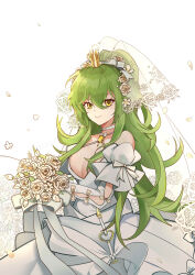 Rule 34 | 1girl, absurdres, bouquet, breasts, bridal veil, cleavage, commentary request, crown, dress, flower, girls&#039; frontline, green hair, hair flower, hair ornament, hair ribbon, heart o-ring, heituitui, highres, holding, holding bouquet, looking at viewer, m950a (girls&#039; frontline), m950a (the warbler and the rose) (girls&#039; frontline), mini crown, official alternate costume, ribbon, rose, solo, veil, wedding dress, white background, white dress, white flower, white petals, white ribbon, white rose, yellow eyes
