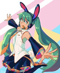 Rule 34 | 1girl, animal ears, black footwear, black skirt, boots, bunny headphones, carrot, closed mouth, food in mouth, green eyes, green nails, hatsune miku, headphones, highres, long hair, looking at viewer, necktie, orange necktie, outstretched arms, pleated skirt, rabbit ears, red pupils, shirt, skirt, smile, thigh boots, twintails, very long hair, vocaloid, white shirt, xxlunawarriorxx