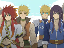 Rule 34 | 00s, 4boys, aqua eyes, armor, bad id, bad pixiv id, blonde hair, blue eyes, brown eyes, choker, crossover, flynn scifo, gloves, guy cecil, long hair, luke fon fabre, male focus, multiple boys, official alternate costume, outdoors, purple hair, red hair, sky, smile, tales of (series), tales of the abyss, tales of vesperia, uniform, yamato (f&amp;m), yellow eyes, yuri lowell