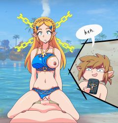 Rule 34 | 1boy, 1girl, 20s, animated, animated gif, arms behind back, beach, bikini, bikini bottom aside, blonde hair, blue bikini, blue eyes, bouncing, bouncing breasts, braid, breasts, brown hair, chain, chibi, chibi inset, clothing aside, crown braid, drooling, electrickronos, empty eyes, english text, erection, expressionless, green eyes, green hair, hair ornament, hairclip, hetero, highres, holding, holding tablet, hypnosis, kneeling, large breasts, link, long hair, looking at another, looking at viewer, looping animation, lying, magic, midriff, mind control, navel, nintendo, nipples, nude, on back, one breast out, open mouth, outdoors, parted lips, penis, photo background, pointy ears, pov, princess, princess zelda, pussy, pussy juice, riding, runes, saliva, sand, sex, sheikah slate, shirt, short hair, sidelocks, speech bubble, split screen, standing, stasis (rune), straddling, submission, swimsuit, tablet, talking, the legend of zelda, the legend of zelda: breath of the wild, time stop, tree, water